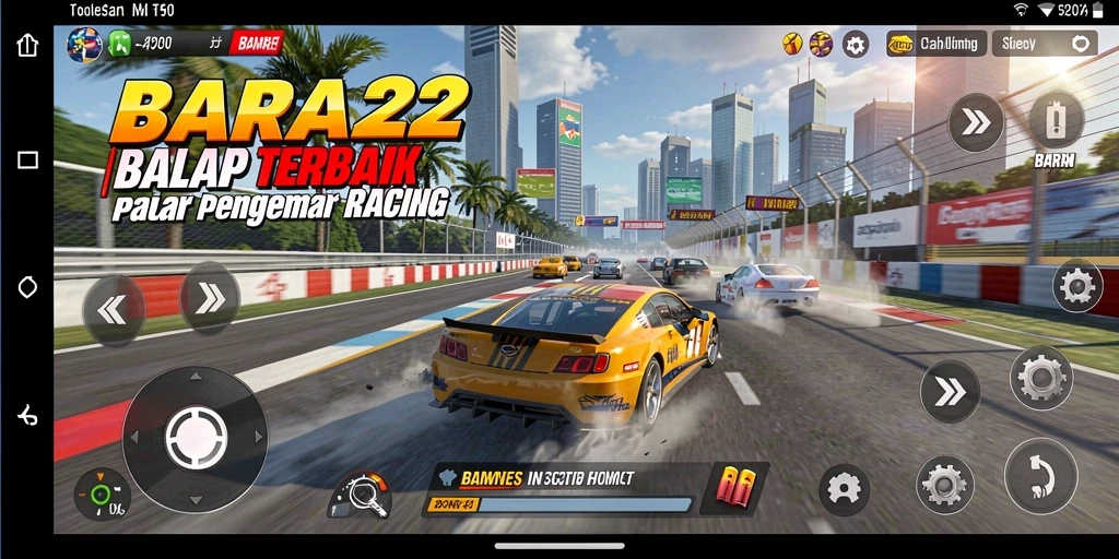 Tampilan gameplay BARA22 dengan mobil balap yang melintasi jalanan.