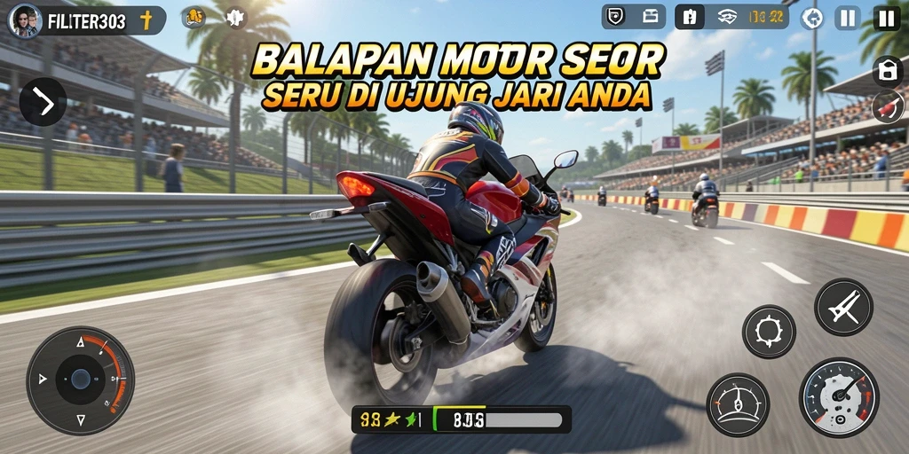 Tampilan gameplay FILTER303 yang mendebarkan saat balapan motor.