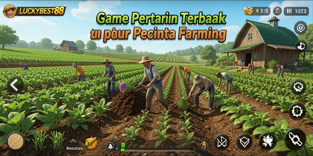 Tampilan gameplay <strong>LUCKYBEST88</strong> yang menunjukkan kebun yang subur dan hewan ternak.