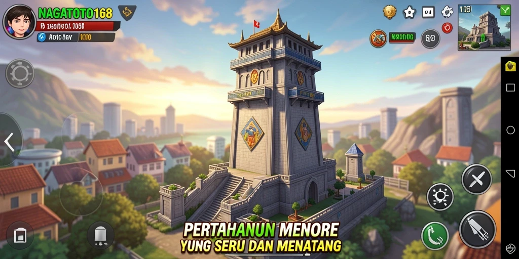 Tampilan gameplay seru dari NAGATOTO168 yang menampilkan pertempuran menara.