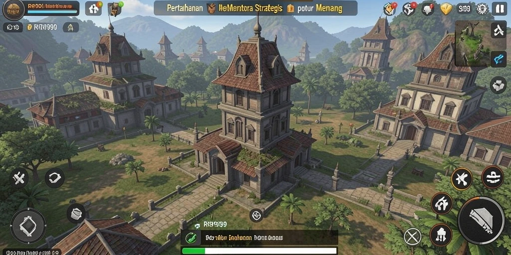 Screenshot menampilkan gameplay menegangkan di RR999 dengan berbagai menara pertahanan.
