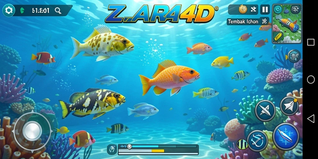 Tampilan gameplay ZARA4D dengan aksi seru berburu ikan.